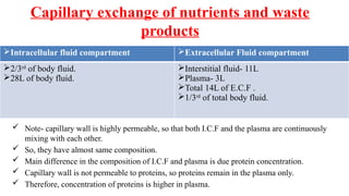 Capillary exchange of nutrients and waste
products
 Note- capillary wall is highly permeable, so that both I.C.F and the plasma are continuously
mixing with each other.
 So, they have almost same composition.
 Main difference in the composition of I.C.F and plasma is due protein concentration.
 Capillary wall is not permeable to proteins, so proteins remain in the plasma only.
 Therefore, concentration of proteins is higher in plasma.
Intracellular fluid compartment Extracellular Fluid compartment
2/3rd
of body fluid.
28L of body fluid.
Interstitial fluid- 11L
Plasma- 3L
Total 14L of E.C.F .
1/3rd
of total body fluid.
 