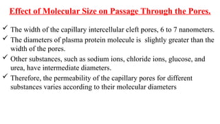 Effect of Molecular Size on Passage Through the Pores.
 The width of the capillary intercellular cleft pores, 6 to 7 nanometers.
 The diameters of plasma protein molecule is slightly greater than the
width of the pores.
 Other substances, such as sodium ions, chloride ions, glucose, and
urea, have intermediate diameters.
 Therefore, the permeability of the capillary pores for different
substances varies according to their molecular diameters
 