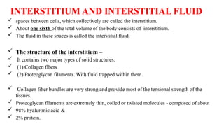 INTERSTITIUM AND INTERSTITIAL FLUID
 spaces between cells, which collectively are called the interstitium.
 About one sixth of the total volume of the body consists of interstitium.
 The fluid in these spaces is called the interstitial fluid.
 The structure of the interstitium –
 It contains two major types of solid structures:
 (1) Collagen fibers
 (2) Proteoglycan filaments. With fluid trapped within them.
 Collagen fiber bundles are very strong and provide most of the tensional strength of the
tissues.
 Proteoglycan filaments are extremely thin, coiled or twisted molecules - composed of about
 98% hyaluronic acid &
 2% protein.
 