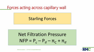 Forces acting across capillary wall
Microcirculation | © Prof. Dr. Rashid Mahmood 28
Net Filtration Pressure
NFP = Pc – Pif – πC + πif
Starling Forces
 