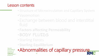 Lesson contents
• Structure of Microcirculation and Capillary System
•Vasomotion
•Exchange between blood and interstitial
fluid
•Factors affecting Permeability
•BODY FLUIDS
•Starling Forces
•Starling Equilibrium
•Abnormalities of capillary pressure
Vascular
distensibility &
Functions of
Arterial and
Venous System |
351-May-18
 