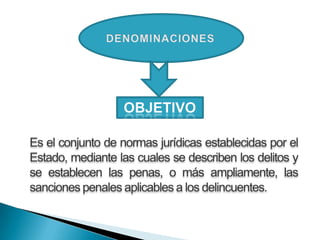 Es el conjunto de normas jurídicas establecidas por el
Estado, mediante las cuales se describen los delitos y
se establecen las penas, o más ampliamente, las
sanciones penales aplicables a los delincuentes.
 