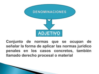Conjunto de normas que se ocupan de
señalar la forma de aplicar las normas jurídico
penales en los casos concretos, también
llamado derecho procesal o material
 