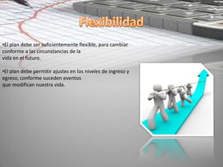 •El plan debe ser suficientemente flexible, para cambiar
conforme a las circunstancias de la
vida en el futuro.
•El plan debe permitir ajustes en los niveles de ingreso y
egreso, conforme suceden eventos
que modifican nuestra vida.
 