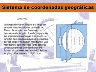 Sistema de coordenadas geográficasSistema de coordenadas geográficas
LONGITUD
La longitud mide el ángulo a lo largo del
ecuador desde cualquier punto de la
Tierra. Se acepta que Greenwich en
Londres es la longitud 0 en la mayoría de
las sociedades modernas. Las líneas de
longitud son círculos máximos que pasan
por los polos y se llaman meridianos. Los
meridianos, sabiendo que junto con sus
correspondientes antimeridianos se
forman circunferencias de 40.007 km de
longitud, 1º equivale a 111,131 km.
 