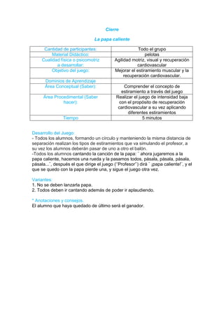 Cierre

                                 La papa caliente

      Cantidad de participantes:                        Todo el grupo
          Material Didáctico:                               pelotas
     Cualidad física o psicomotriz          Agilidad motriz, visual y recuperación
            a desarrollar:                             cardiovascular
          Objetivo del juego:               Mejorar el estiramiento muscular y la
                                                 recuperación cardiovascular.
       Dominios de Aprendizaje
       Área Conceptual (Saber):                  Comprender el concepto de
                                                estiramiento a través del juego
      Área Procedimental (Saber              Realizar el juego de intensidad baja
               hacer):                         con el propósito de recuperación
                                              cardiovascular a su vez aplicando
                                                    diferentes estiramientos
                Tiempo                                     5 minutos


Desarrollo del Juego:
- Todos los alumnos, formando un círculo y manteniendo la misma distancia de
separación realizan los tipos de estiramientos que va simulando el profesor, a
su vez los alumnos deberán pasar de uno a otro el balón.
-Todos los alumnos cantando la canción de la papa: ¨ ahora jugaremos a la
papa caliente, hacemos una rueda y la pasamos todos, pásala, pásala, pásala,
pásala...¨, después el que dirige el juego (‘’Profesor’’) dirá ¨ ¡papa caliente!¨, y el
que se quedo con la papa pierde una, y sigue el juego otra vez.

Variantes:
1. No se deben lanzarla papa.
2. Todos deben ir cantando además de poder ir aplaudiendo.

* Anotaciones y consejos.
El alumno que haya quedado de último será el ganador.
 
