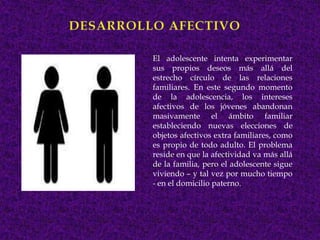 El adolescente intenta experimentar
sus propios deseos más allá del
estrecho círculo de las relaciones
familiares. En este segundo momento
de la adolescencia, los intereses
afectivos de los jóvenes abandonan
masivamente el ámbito familiar
estableciendo nuevas elecciones de
objetos afectivos extra familiares, como
es propio de todo adulto. El problema
reside en que la afectividad va más allá
de la familia, pero el adolescente sigue
viviendo – y tal vez por mucho tiempo
- en el domicilio paterno.
 