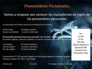 Pronombres Personales Vamos a empezar por conocer los equivalentes en inglés de los pronombres personales Su colocación en la frase suele ser al comienzo de la misma: I have a dog. 	Yo tengo un perro You are mybrother.	 Tu eres mi hermano  El pronombre personal tiene que concordar con el verbo, no obstante, los verbos ingleses, salvo los auxiliares, no varían, excepto en la tercera persona del singular: I eatapples. 	Yo como manzanas Youeatapples. 	Tu comes manzanas He eatsapples. 	El come manzanas El pronombre "it" (3ª persona singular) se utiliza para objetos y animales, aunque a veces con estos últimos se utiliza "he" (él) o "she" (ella): I have a car. 		Itis red. 		Yo tengo un coche. El es rojo Yo I Tu YouEl He Ella SheEl/ella (objeto) ItNosotros WeVosotros YouEllos/ellas They