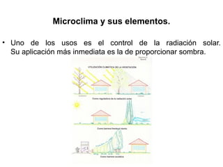 Microclima y sus elementos.
• Uno de los usos es el control de la radiación solar.
Su aplicación más inmediata es la de proporcionar sombra.
 