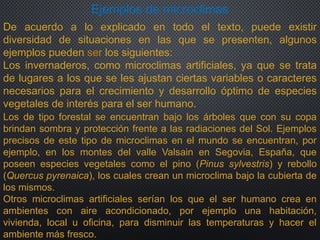 Los de tipo forestal se encuentran bajo los árboles que con su copa
brindan sombra y protección frente a las radiaciones del Sol. Ejemplos
precisos de este tipo de microclimas en el mundo se encuentran, por
ejemplo, en los montes del valle Valsain en Segovia, España, que
poseen especies vegetales como el pino (Pinus sylvestris) y rebollo
(Quercus pyrenaica), los cuales crean un microclima bajo la cubierta de
los mismos.
Otros microclimas artificiales serían los que el ser humano crea en
ambientes con aire acondicionado, por ejemplo una habitación,
vivienda, local u oficina, para disminuir las temperaturas y hacer el
ambiente más fresco.
De acuerdo a lo explicado en todo el texto, puede existir
diversidad de situaciones en las que se presenten, algunos
ejemplos pueden ser los siguientes:
Los invernaderos, como microclimas artificiales, ya que se trata
de lugares a los que se les ajustan ciertas variables o caracteres
necesarios para el crecimiento y desarrollo óptimo de especies
vegetales de interés para el ser humano.
Ejemplos de microclimas
 