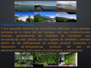 Urbanos o artificiales
Y por supuesto tenemos los microclimas artificiales, cuyo génesis
proviene de la mano del ser humano, con sus construcciones
urbanas, generalmente las ciudades se mantienen con
temperaturas más cálidas que los lugares de alrededor, además
dentro de las edificaciones se pueden producir aumentos o
descensos de temperaturas, producto del uso de
electrodomésticos como aires acondicionados y calefactores.
 