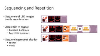 Sequencing and Repetition
• Sequence of LED images
yields an animation
• Arrow tile to repeat
• Constant # of times
• Forever (if no value)
• Sequencing/repeat also for
• sounds
• music
 