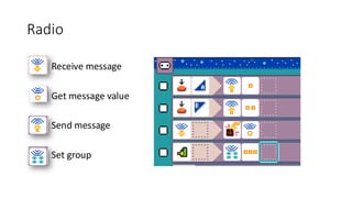 Radio
• Receive message
• Get message value
• Send message
• Set group
 
