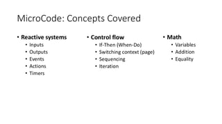 MicroCode: Concepts Covered
• Reactive systems
• Inputs
• Outputs
• Events
• Actions
• Timers
• Control flow
• If-Then (When-Do)
• Switching context (page)
• Sequencing
• Iteration
• Math
• Variables
• Addition
• Equality
 