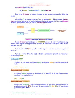 COMPUTACIÓN V
MICROPROCESADORES Y MICROCOMPUTADORAS
3. LENGUAJE ENSAMBLADOR DEL MICROPROCESADOR
LUIS URIETA PÉREZ Y PABLO FUENTES RAMOS
3 -12
La dirección de 20 bits es:
1610 * 1000H + 0414H = 10000H + 0414H = 10414H
Esta es la dirección en memoria desde la cual la nueva instrucción debe bus-
carse.
Al registro IP se le refiere como offset, el registro CS * 1610 apunta a la direc-
ción de inicio o segmento en memoria desde el cual se calcula el offset. La Figura A
muestra gráficamente cómo se calcula la dirección de 20 bits.
Cada dirección generada por el 8086/8088 usa uno de los 4 registros de seg-
mento. Este registro de segmento es recorrido 4 bits hacia la izquierda antes de ser
sumado al offset.
La instrucción del CPU especifica cuáles registros internos se usan para generar
el offset.
Vamos a ver los diferentes modos de direccionamiento tomando como ejemplo
la instrucción MOV.
Instrucción MOV
Transfiere un byte desde el operando fuente al operando destino. Tiene el siguiente for-
mato:
MOV destino, fuente
Direccionamiento Inmediato
El operando fuente aparece en la instrucción. Un ejemplo, es el que mueve un valor
constante a un registro interno.
MOV AX, 568
Direccionamiento a Registro
Indica que el operando a ser usado está contenido en uno de los registros internos de
propósito general del CPU. En el caso de los registros AX, BX, CX o DX los registros
pueden ser de 8 a 16 bits
CS*16
IP
+ Dirección de 20 bits Bus de dirección
Del sistema
FIGURA A. Cálculo de la dirección de 20 bits
 