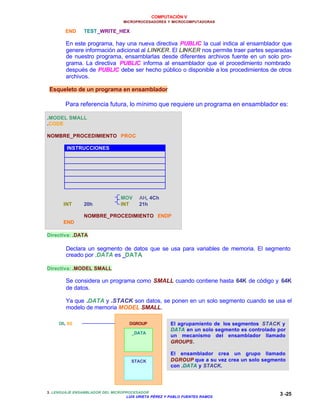 COMPUTACIÓN V
MICROPROCESADORES Y MICROCOMPUTADORAS
3. LENGUAJE ENSAMBLADOR DEL MICROPROCESADOR
LUIS URIETA PÉREZ Y PABLO FUENTES RAMOS
3 -25
END TEST_WRITE_HEX
En este programa, hay una nueva directiva PUBLIC la cual indica al ensamblador que
genere información adicional al LINKER. El LINKER nos permite traer partes separadas
de nuestro programa, ensamblarlas desde diferentes archivos fuente en un solo pro-
grama. La directiva PUBLIC informa al ensamblador que el procedimiento nombrado
después de PUBLIC debe ser hecho público o disponible a los procedimientos de otros
archivos.
Esqueleto de un programa en ensamblador
Para referencia futura, lo mínimo que requiere un programa en ensamblador es:
.MODEL SMALL
.CODE
NOMBRE_PROCEDIMIENTO PROC
INSTRUCCIONES
MOV AH, 4Ch
INT 20h INT 21h
NOMBRE_PROCEDIMIENTO ENDP
END
Directiva: .DATA
Declara un segmento de datos que se usa para variables de memoria. El segmento
creado por .DATA es _DATA.
Directiva: .MODEL SMALL
Se considera un programa como SMALL cuando contiene hasta 64K de código y 64K
de datos.
Ya que .DATA y .STACK son datos, se ponen en un solo segmento cuando se usa el
modelo de memoria MODEL SMALL.
DGROUP
_DATA
STACK
El agrupamiento de los segmentos STACK y
DATA en un solo segmento es controlado por
un mecanismo del ensamblador llamado
GROUPS.
El ensamblador crea un grupo llamado
DGROUP que a su vez crea un solo segmento
con .DATA y STACK.
DS, SS
 
