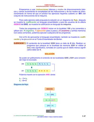 COMPUTACIÓN V
MICROPROCESADORES Y MICROCOMPUTADORAS
3. LENGUAJE ENSAMBLADOR DEL MICROPROCESADOR
LUIS URIETA PÉREZ Y PABLO FUENTES RAMOS
3 -27
Empezamos a usar instrucciones básicas y modos de direccionamiento bási-
cos y vamos aumentando la complejidad de las instrucciones y de los modos de direc-
cionamiento en forma tal que al concluir los ejercicios hayamos cubierto un 80% del
conjunto de instrucciones de la máquina.
Para cada ejercicio está propuesta la solución en un diagrama de flujo, después
se muestra la codificación en lenguaje ensamblador y para los usuarios de la utilería
DEBUG del DOS, se muestra la codificación en lenguaje de máquina.
Todos los programas con DEBUG inician en la localidad 100 y los comandos a
utilizar son: R (registro), T (ejecución paso a paso) y E (examina y cambia memoria)
Con estos comandos, podemos ejecutar cualquiera de los programas.
Con el fin de aprovechar el lenguaje ensamblador, también se muestra la codifi-
cación y la ejecución en el Turbo Ensamblador de Borlan.
EJERCICIO 1. El contenido de la localidad 0200 tiene un dato de 8 bits. Realizar un
programa que coloque en la localidad de memoria 0201 el nibble (4
bits) más significativo, tomando en cuenta que el nibble menos signifi-
cativo debe ser 0.
SOLUCIÓN
Se puede ver gráficamente el contenido de las localidades 0200 y 0201 para compren-
der mejor el enunciado:
Podemos hacerlo con la operación AND, donde:
bn •• 1 = bn
bn •• 0 = 0
Diagrama de flujo:
200
201
b7 b6 b5 b4 B3 b2 b1 b0
b7 b6 b5 b4 0 0 0 0
AL ←← [200]
AL ←← AL and F0
[201] ←← AL
FIN
MÁSCARA
 