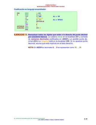 COMPUTACIÓN V
MICROPROCESADORES Y MICROCOMPUTADORAS
3. LENGUAJE ENSAMBLADOR DEL MICROPROCESADOR
LUIS URIETA PÉREZ Y PABLO FUENTES RAMOS
3 -41
Codificación en lenguaje ensamblador:
DIR: MOV SI, 202
X: MOV AL, [SI]
CMP AL, 0dh ;AL vs ´CR´
JE Almacena
CMP AL, 20h ;AL vs ´SPACE´
JE ANTESALM
INC SI
JMP X
ANTESALM: DEC SI
ALMACENA: MOV 200, SI
END
EJERCICIO 14. Reemplazar todos los dígitos que están a la derecha del punto decimal
por caracteres blancos. La cadena inicia en la localidad 201 y consiste
de números decimales codificados en ASCII y un posible punto de-
cimal (2Eh) La longitud está en la localidad 200. Si no aparece punto
decimal, asuma que está implícito en el lado derecho.
NOTA: En ASCII los decimales 0,…,9 se representan como 30,…,39.
 