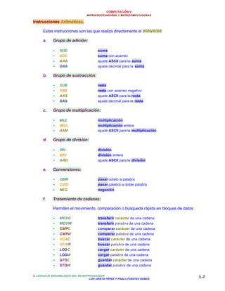 COMPUTACIÓN V
MICROPROCESADORES Y MICROCOMPUTADORAS
3. LENGUAJE ENSAMBLADOR DEL MICROPROCESADOR
LUIS URIETA PÉREZ Y PABLO FUENTES RAMOS
3 -7
Instrucciones Aritméticas.
Estas instrucciones son las que realiza directamente el 8086/8088
a. Grupo de adición:
•• ADD suma
•• ADC suma con acarreo
•• AAA ajuste ASCII para la suma
•• DAA ajuste decimal para la suma
b. Grupo de sustracción:
•• SUB resta
•• SBB resta con acarreo negativo
•• AAS ajuste ASCII para la resta
•• DAS ajuste decimal para la resta
c. Grupo de multiplicación:
•• MUL multiplicación
•• IMUL multiplicación entera
•• AAM ajuste ASCII para la multiplicación
d. Grupo de división:
•• DIV división
•• IDIV división entera
•• AAD ajuste ASCII para la división
e. Conversiones:
•• CBW pasar octeto a palabra
•• CWD pasar palabra a doble palabra
•• NEG negación
f. Tratamiento de cadenas:
Permiten el movimiento, comparación o búsqueda rápida en bloques de datos:
•• MOVC transferir carácter de una cadena
•• MOVW transferir palabra de una cadena
•• CMPC comparar carácter de una cadena
•• CMPW comparar palabra de una cadena
•• SCAC buscar carácter de una cadena
•• SCAW buscar palabra de una cadena
•• LODC cargar carácter de una cadena
•• LODW cargar palabra de una cadena
•• STOC guardar carácter de una cadena
•• STOW guardar palabra de una cadena
 