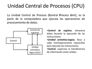 Unidad Central de Procesos (CPU)
La Unidad Central de Proceso (Central Process Unit), es la
parte de la computadora que ejecuta las operaciones de
procesamiento de datos.

                 Control de    •Control de registro, almacena
                  registros    datos durante la ejecución de las
                               instrucciones.
  Control                      •Unidad arimética-logica, lleva a
                               cabo microoperaciones requeridas
                  Unidad       para ejecutar las instrucciones.
                 aritmética    •Control, supervisa la transferencia
                lógica (ALU)   de información entre ambos.
 