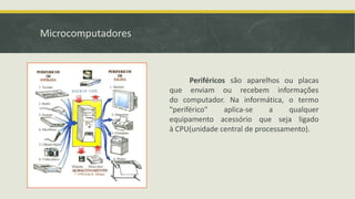 Microcomputadores
Periféricos são aparelhos ou placas
que enviam ou recebem informações
do computador. Na informática, o termo
"periférico" aplica-se a qualquer
equipamento acessório que seja ligado
à CPU(unidade central de processamento).
 