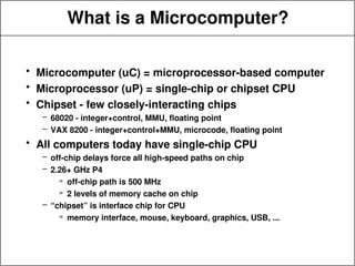 What is a Microcomputer?
• Microcomputer (uC) = microprocessor-based computer
• Microprocessor (uP) = single-chip or chipset CPU
• Chipset - few closely-interacting chips
– 68020 - integer+control, MMU, floating point
– VAX 8200 - integer+control+MMU, microcode, floating point
• All computers today have single-chip CPU
– off-chip delays force all high-speed paths on chip
– 2.26+ GHz P4
» off-chip path is 500 MHz
» 2 levels of memory cache on chip
– “chipset” is interface chip for CPU
» memory interface, mouse, keyboard, graphics, USB, ...
 