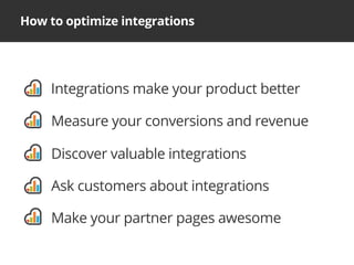 How to optimize integrations
Integrations make your product better
Measure your conversions and revenue
Discover valuable ...