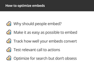 How to optimize embeds
Why should people embed?
Make it as easy as possible to embed
Track how well your embeds convert
Te...