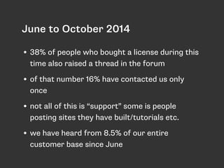 June to October 2014 
• 38% of people who bought a license during this 
time also raised a thread in the forum 
• of that ...