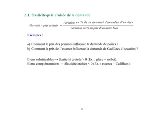 16
2. L’élasticité-prix croisée de la demande
'Variation
prix croisée
Variation en % du prix d’un autre bien
en % de la quantité demandée d’un bien
Elasticité −
Exemples :
a) Comment le prix des pommes influence la demande de poires ?
b) Comment le prix de l’essence influence la demande de Cadillacs d’occasion ?
Biens substituables → élasticité croisée > 0 (Ex. : glace – sorbet).
Biens complémentaires → élasticité croisée < 0 (Ex. : essence – Cadillacs).
 