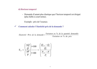 6
prixduenVariation
demandéequantitéladeenVariation
demandeladeixElasticité
%
%
Pr =−
⎟⎟
⎠
⎞
⎜⎜
⎝
⎛ −
⎟⎟
⎠
⎞
⎜⎜
⎝
⎛ −
=
∗⎟
⎠
⎞
⎜
⎝
⎛
Ρ
ΔΡ
∗⎟⎟
⎠
⎞
⎜⎜
⎝
⎛ Δ
=Ε
+
+
t
tt
t
tt
d
P
PP
Q
QQ
Q
Q
1
1
100
100
d) Horizon temporel
- Demande d’autant plus élastique que l’horizon temporel est éloigné
(plus faible à court terme).
Exemple : prix de l’essence.
Comment calculer l’élasticité-prix de la demande ?
 