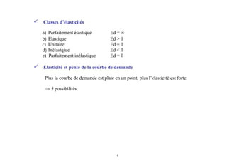 8
Classes d’élasticités
a) Parfaitement élastique Ed = ∞
b) Elastique Ed > 1
c) Unitaire Ed = 1
d) Inélastqiue Ed < 1
e) Parfaitement inélastique Ed = 0
Elasticité et pente de la courbe de demande
Plus la courbe de demande est plate en un point, plus l’élasticité est forte.
⇒ 5 possibilités.
 