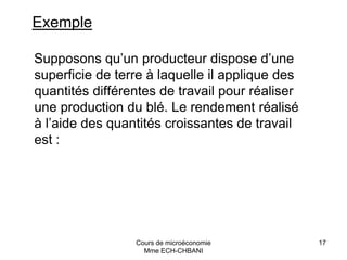 Cours de microéconomie
Mme ECH-CHBANI
17
Exemple
Supposons qu’un producteur dispose d’une
superficie de terre à laquelle il applique des
quantités différentes de travail pour réaliser
une production du blé. Le rendement réalisé
à l’aide des quantités croissantes de travail
est :
 