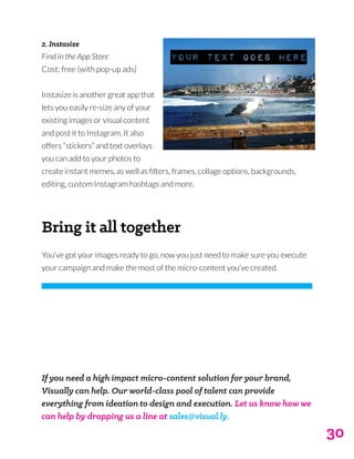 30
2. Instasize
Find in the App Store
Cost: free (with pop-up ads)
Instasize is another great app that
lets you easily re-size any of your
existing images or visual content
and post it to Instagram. It also
offers “stickers” and text overlays
you can add to your photos to
create instant memes, as well as filters, frames, collage options, backgrounds,
editing, custom Instagram hashtags and more.
Bring it all together
You’ve got your images ready to go, now you just need to make sure you execute
your campaign and make the most of the micro-content you’ve created.
If you need a high impact micro-content solution for your brand,
Visually can help. Our world-class pool of talent can provide
everything from ideation to design and execution. Let us know how we
can help by dropping us a line at sales@visual.ly.
 