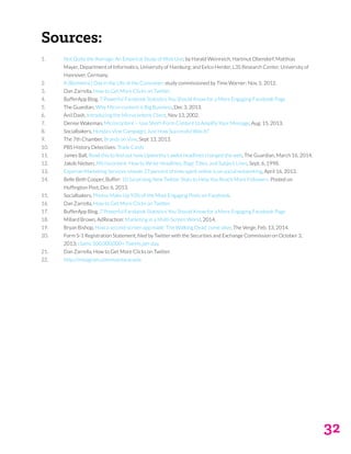 32
1.	 Not Quite the Average: An Empirical Study of Web Use; by Harald Weinreich, Hartmut Obendorf, Matthias
Mayer, Department of Informatics, University of Hamburg; and Eelco Herder, L3S Research Center, University of
Hannover, Germany.
2.	 A (Biometric) Day in the Life of the Consumer: study commissioned by Time Warner; Nov. 5, 2012.
3.	 Dan Zarrella, How to Get More Clicks on Twitter.
4.	 BufferApp Blog, 7 Powerful Facebook Statistics You Should Know for a More Engaging Facebook Page
5.	 The Guardian, Why Micro-content is Big Business, Dec 3, 2013.
6.	 Anil Dash, Introducing the Microcontent Client, Nov 13, 2002.
7.	 Denise Wakeman, Microcontent -- Use Short-Form Content to Amplify Your Message, Aug. 15, 2013.
8.	 Socialbakers, Honda’s Vine Campaign: Just How Successful Was It?
9.	 The 7th Chamber, Brands on Vine, Sept 13, 2013.
10.	 PBS History Detectives: Trade Cards
11.	 James Ball, Read this to find out how Upworthy’s awful headlines changed the web, The Guardian, March 16, 2014.
12.	 Jakob Nielsen, Microcontent: How to Write Headlines, Page Titles, and Subject Lines, Sept. 6, 1998.
13.	 Experian Marketing Services reveals 27 percent of time spent online is on social networking, April 16, 2013.
14.	 Belle Beth Cooper, Buffer: 10 Surprising New Twitter Stats to Help You Reach More Followers. Posted on
Huffington Post, Dec 6, 2013.
15.	 Socialbakers, Photos Make Up 93% of the Most Engaging Posts on Facebook.
16.	 Dan Zarrella, How to Get More Clicks on Twitter.
17.	 BufferApp Blog, 7 Powerful Facebook Statistics You Should Know for a More Engaging Facebook Page
18.	 Millard Brown, AdReaction: Marketing in a Multi-Screen World, 2014.
19.	 Bryan Bishop, How a second-screen app made ‘The Walking Dead’ come alive, The Verge, Feb. 13, 2014.
20.	 Form S-1 Registration Statement, filed by Twitter with the Securities and Exchange Commission on October 3,
2013; claims 500,000,000+ Tweets per day.
21.	 Dan Zarrella, How to Get More Clicks on Twitter.
22.	 http://instagram.com/mazdacanada
Sources:
 