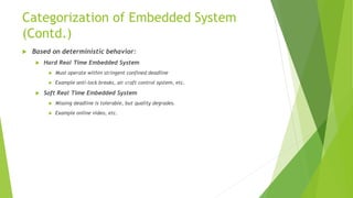 Categorization of Embedded System
(Contd.)
 Based on deterministic behavior:
 Hard Real Time Embedded System
 Must operate within stringent confined deadline
 Example anti-lock breaks, air craft control system, etc.
 Soft Real Time Embedded System
 Missing deadline is tolerable, but quality degrades.
 Example online video, etc.
 