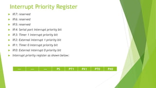 Interrupt Priority Register
 IP.7: reserved
 IP.6: reserved
 IP.5: reserved
 IP.4: Serial port interrupt priority bit
 IP.3: Timer 1 interrupt priority bit
 IP.2: External interrupt 1 priority bit
 IP.1: Timer 0 interrupt priority bit
 IP.0: External interrupt 0 priority bit
 Interrupt priority register as shown below:
--- --- --- PS PT1 PX1 PT0 PX0
 