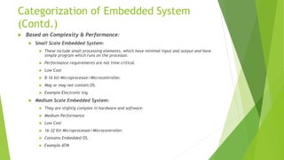 Categorization of Embedded System
(Contd.)
 Based on Complexity & Performance:
 Small Scale Embedded System:
 These include small processing elements, which have minimal input and output and have
simple program which runs on the processor.
 Performance requirements are not time critical.
 Low Cost
 8-16 bit Microprocessor/Microcontroller.
 May or may not contain OS.
 Example Electronic toy.
 Medium Scale Embedded System:
 They are slightly complex in hardware and software.
 Medium Performance
 Low Cost
 16-32 bit Microprocessor/Microcontroller.
 Contains Embedded OS.
 Example ATM
 