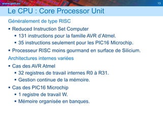 www.geii.eu 13
Le CPU : Core Processor Unit
Généralement de type RISC
 Reduced Instruction Set Computer
 131 instructions pour la famille AVR d’Atmel.
 35 instructions seulement pour les PIC16 Microchip.
 Processeur RISC moins gourmand en surface de Silicium.
Architectures internes variées
 Cas des AVR Atmel
 32 registres de travail internes R0 à R31.
 Gestion continue de la mémoire.
 Cas des PIC16 Microchip
 1 registre de travail W.
 Mémoire organisée en banques.
13
 