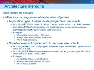 www.geii.eu 14
Architecture mémoire
Architecture de Harvard
 Mémoires de programme et de données séparées
 Application figée  mémoire de programme non volatile
– technologie FLASH la plupart du temps pour les petites séries ou le développement.
– technologie PROM (programmable une seule fois) pour les très grandes séries.
– technologie EPROM pour de vieilles versions de uC.
– Exemples :
» ATmega328p (Arduino Uno) : 32K octets.
» ATmega2560 (Arduino Mega) : 256K octets.
» PIC18F4550 : 32K octets.
 Données évoluant rapidement  mémoire vive, volatile
– technologie SRAM (ram statique) pour les petites capacités (<64 ko) ; généralement
le cas de uC 8 bits.
– technologie SDRAM (ram synchrone dynamique) pour les grandes capacités : dans
le cas des DSP et uC 16 ou 32 bits.
– Exemples :
» Atmega328p (Arduino Uno) : 2K octets.
» ATmega2560 (Arduino Mega) : 8K octets.
» PIC18F4550 : 2K octets.
14
 