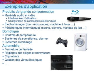 www.geii.eu 3
Exemples d’application
Produits de grande consommation
 Matériels audio et vidéo
 Interface avec l’utilisateur
 Configuration de composants électroniques
 Électroménager (four micro-ondes, machine à laver …)
 Périphériques informatiques (souris, claviers, manette de jeu …)
Domotique
 Contrôle de température
 Systèmes de surveillance, alarme
 Systèmes d’éclairage
Automobile
 Fermeture centralisée
 Réglages des sièges et rétroviseurs
 Clignotants
 Gestion des vitres électriques
 …
3
 