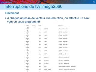 www.geii.eu 43
Interruptions de l’ATmega2560
Traitement
 A chaque adresse de vecteur d’interruption, on effectue un saut
vers un sous-programme
 