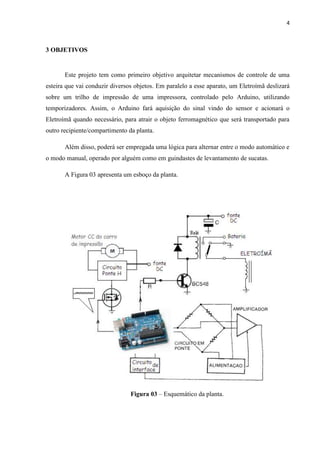 4



3 OBJETIVOS


       Este projeto tem como primeiro objetivo arquitetar mecanismos de controle de uma
esteira que vai conduzir diversos objetos. Em paralelo a esse aparato, um Eletroímã deslizará
sobre um trilho de impressão de uma impressora, controlado pelo Arduino, utilizando
temporizadores. Assim, o Arduino fará aquisição do sinal vindo do sensor e acionará o
Eletroímã quando necessário, para atrair o objeto ferromagnético que será transportado para
outro recipiente/compartimento da planta.

       Além disso, poderá ser empregada uma lógica para alternar entre o modo automático e
o modo manual, operado por alguém como em guindastes de levantamento de sucatas.

       A Figura 03 apresenta um esboço da planta.




                                Figura 03 – Esquemático da planta.
 