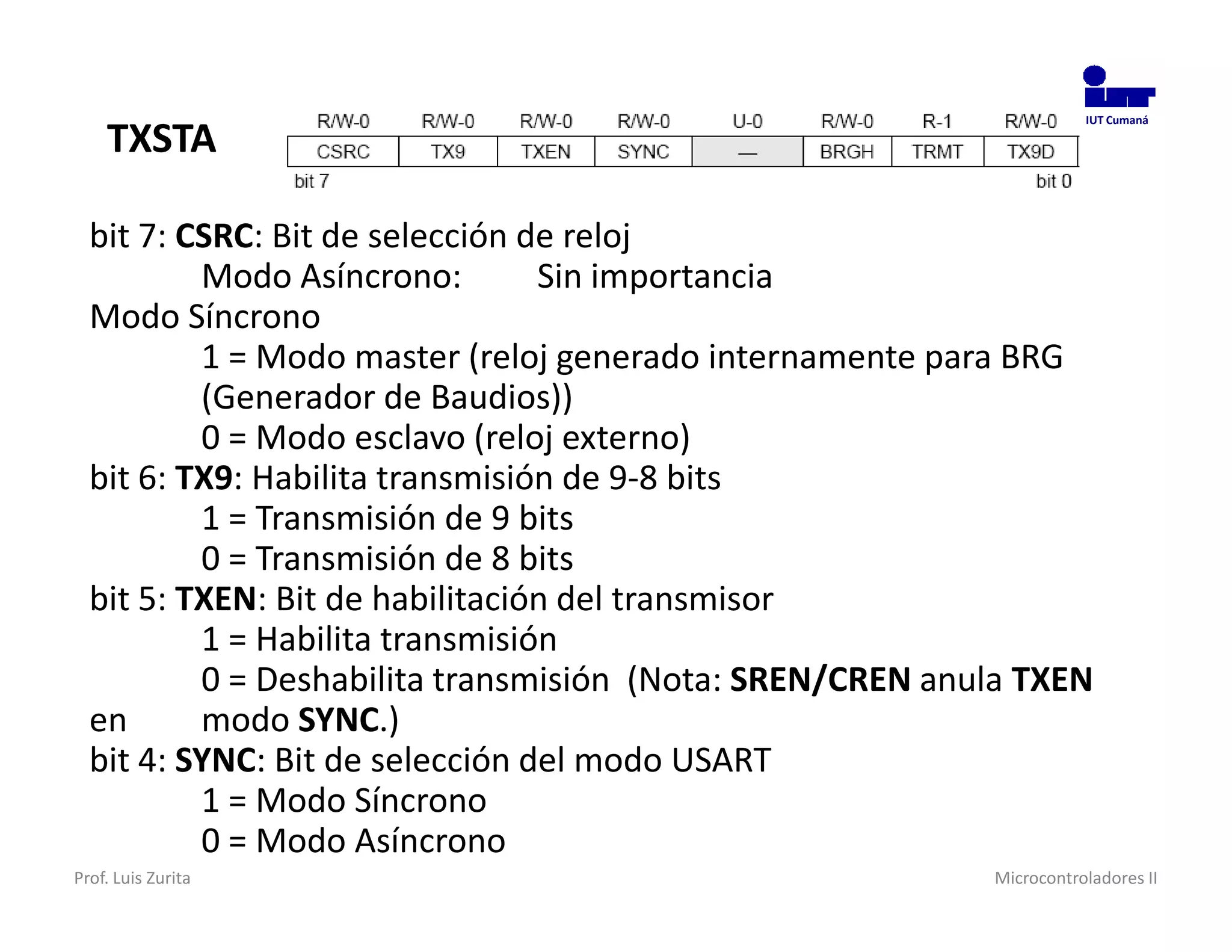 TXSTA
                                                                     IUT Cumaná




  bit 7: CSRC: Bit de selección de reloj
          Modo Asíncrono:        Sin importancia
  Modo Síncrono
          1 = Modo master (reloj generado internamente para BRG
          (Generador de Baudios))
          0 = Modo esclavo (reloj externo)
  bit 6: TX9: Habilita transmisión de 9-8 bits
          1 = Transmisión de 9 bits
          0 = Transmisión de 8 bits
  bit 5: TXEN: Bit de habilitación del transmisor
          1 = Habilita transmisión
          0 = Deshabilita transmisión (Nota: SREN/CREN anula TXEN
  en      modo SYNC.)
  bit 4: SYNC: Bit de selección del modo USART
          1 = Modo Síncrono
          0 = Modo Asíncrono
Prof. Luis Zurita                                         Microcontroladores II
 