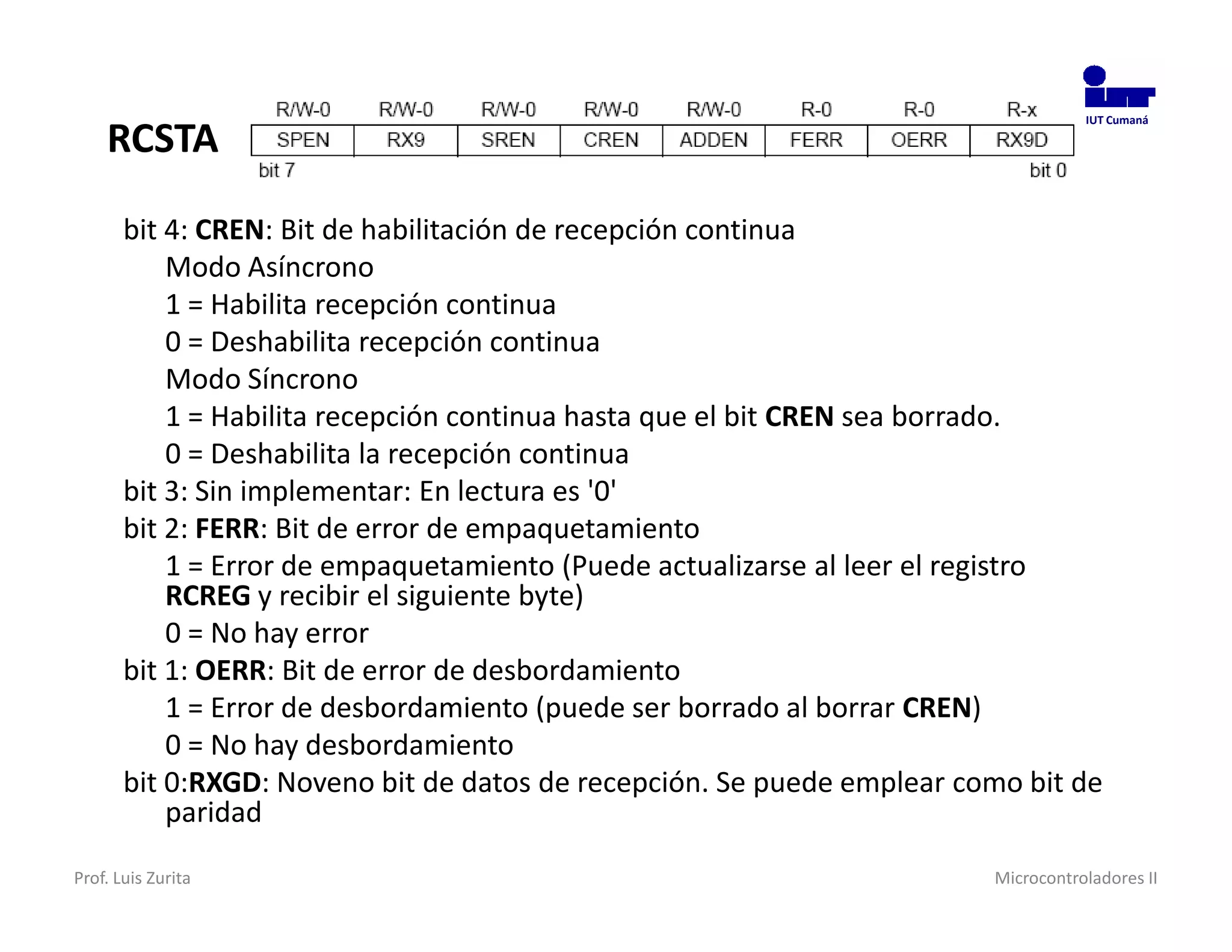RCSTA
                                                                                   IUT Cumaná




       bit 4: CREN: Bit de habilitación de recepción continua
           Modo Asíncrono
           1 = Habilita recepción continua
           0 = Deshabilita recepción continua
           Modo Síncrono
           1 = Habilita recepción continua hasta que el bit CREN sea borrado.
           0 = Deshabilita la recepción continua
       bit 3: Sin implementar: En lectura es '0'
       bit 2: FERR: Bit de error de empaquetamiento
           1 = Error de empaquetamiento (Puede actualizarse al leer el registro
           RCREG y recibir el siguiente byte)
           0 = No hay error
       bit 1: OERR: Bit de error de desbordamiento
           1 = Error de desbordamiento (puede ser borrado al borrar CREN)
           0 = No hay desbordamiento
       bit 0:RXGD: Noveno bit de datos de recepción. Se puede emplear como bit de
           paridad
Prof. Luis Zurita                                                       Microcontroladores II
 