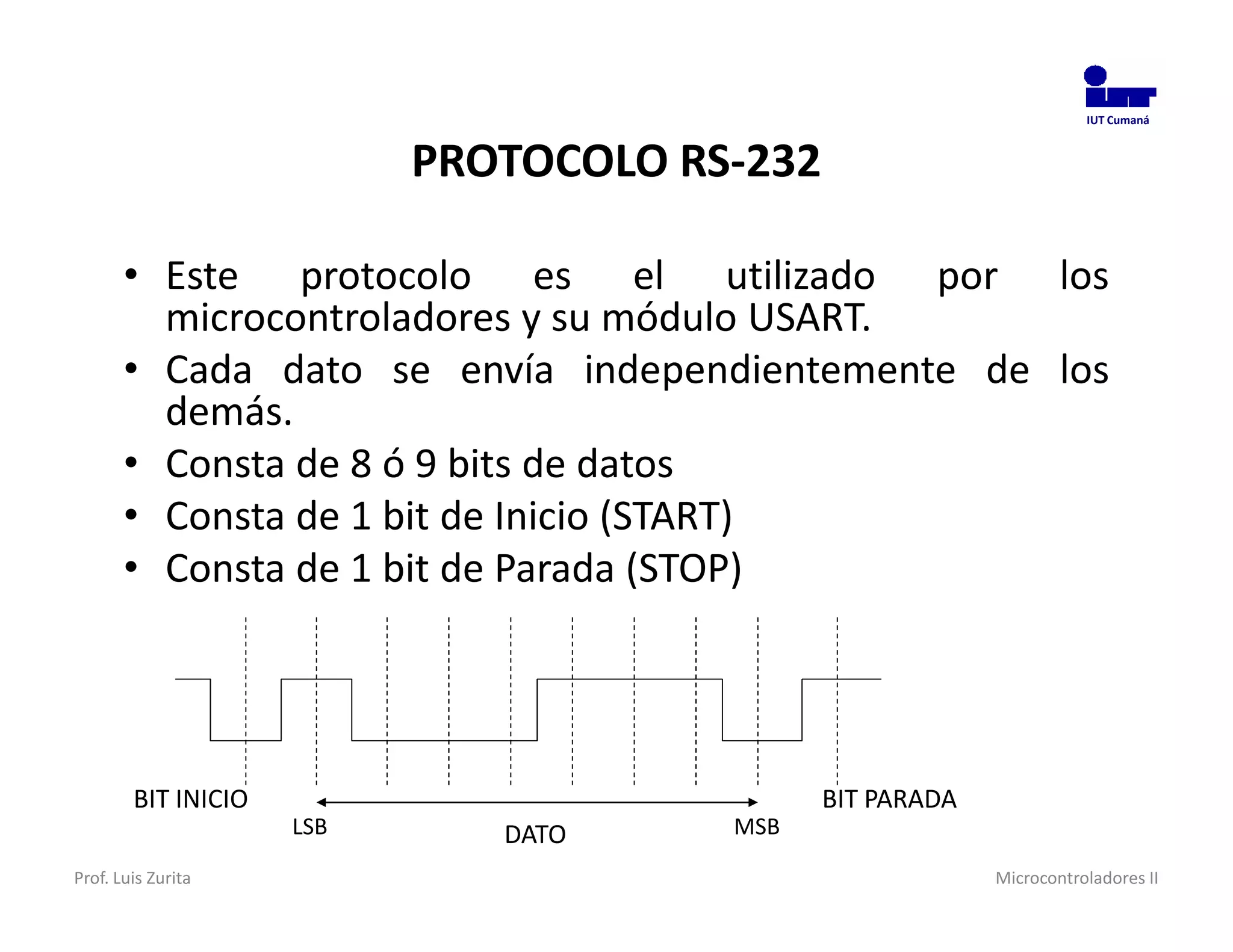 IUT Cumaná



                           PROTOCOLO RS-232

       • Este protocolo es el utilizado por los
         microcontroladores y su módulo USART.
       • Cada dato se envía independientemente de los
         demás.
       • Consta de 8 ó 9 bits de datos
       • Consta de 1 bit de Inicio (START)
       • Consta de 1 bit de Parada (STOP)




        BIT INICIO                            BIT PARADA
                     LSB      DATO     MSB
Prof. Luis Zurita                                          Microcontroladores II
 