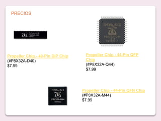 PRECIOS
Propeller Chip - 40-Pin DIP Chip
(#P8X32A-D40)
$7.99
Propeller Chip - 44-Pin QFP
Chip
(#P8X32A-Q44)
$7.99
Propeller Chip - 44-Pin QFN Chip
(#P8X32A-M44)
$7.99
 