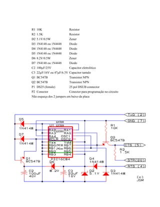 R1 10K Resistor 
R2 1.5K Resistor 
D2 5.1V/0.5W Zener 
D3 1N4148 ou 1N4448 Diodo 
D4 1N4148 ou 1N4448 Diodo 
D5 1N4148 ou 1N4448 Diodo 
D6 8.2V/0.5W Zener 
D7 1N4148 ou 1N4448 Diodo 
C2 100μF/25V Capacitor eletrolitico 
C3 22μF/16V ou 47μF/6.3V Capacitor tantalo 
Q1 BC547B Transistor NPN 
Q2 BC547B Transistor NPN 
P1 DS25 (female) 25 pol DSUB connector 
P2 Conector Conector para programação no circuito 
Não esqueça dos 2 jumpers em baixo da placa 
 