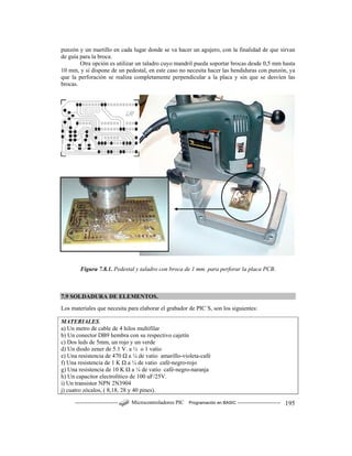 ------------------------ Microcontroladores PIC Programación en BASIC ------------------------ 195
punzón y un martillo en cada lugar donde se va hacer un agujero, con la finalidad de que sirvan
de guía para la broca.
Otra opción es utilizar un taladro cuyo mandril pueda soportar brocas desde 0,5 mm hasta
10 mm, y si dispone de un pedestal, en este caso no necesita hacer las hendiduras con punzón, ya
que la perforación se realiza completamente perpendicular a la placa y sin que se desvíen las
brocas.
Figura 7.8.1. Pedestal y taladro con broca de 1 mm. para perforar la placa PCB.
7.9 SOLDADURA DE ELEMENTOS.
Los materiales que necesita para elaborar el grabador de PIC´S, son los siguientes:
MATERIALES.
a) Un metro de cable de 4 hilos multifilar
b) Un conector DB9 hembra con su respectivo cajetín
c) Dos leds de 5mm, un rojo y un verde
d) Un diodo zener de 5.1 V. a ½ o 1 vatio
e) Una resistencia de 470 Ω a ¼ de vatio amarillo-violeta-café
f) Una resistencia de 1 K Ω a ¼ de vatio café-negro-rojo
g) Una resistencia de 10 K Ω a ¼ de vatio café-negro-naranja
h) Un capacitor electrolítico de 100 uF/25V.
i) Un transistor NPN 2N3904
j) cuatro zócalos, ( 8,18, 28 y 40 pines).
 