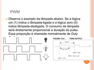 PWM
 Observe o exemplo da lâmpada abaixo. Se a lógica
um (1) indica o lâmpada-ligada e a lógica zero (0)
indica lâmpada-desligada. O consumo da lâmpada
será diretamente proporcional a duração do pulso.
Essa proporção é chamada normalmente de Duty
Cycle.
 